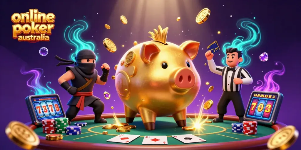 Engage in online poker Australia with vibrant 3D scene showcasing dynamic characters, colorful chips, and exciting gameplay.