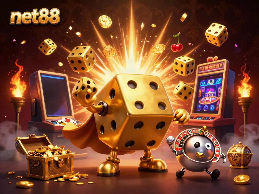 Experience gaming excitement with net88's vibrant casino-themed scene featuring a dice golem.