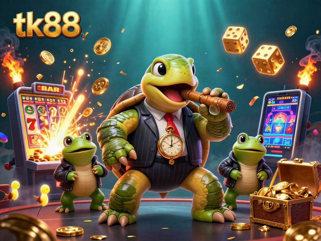 Engaging tk88 casino illustration featuring a snapping turtle and bullfrog enforcers amidst the jackpot