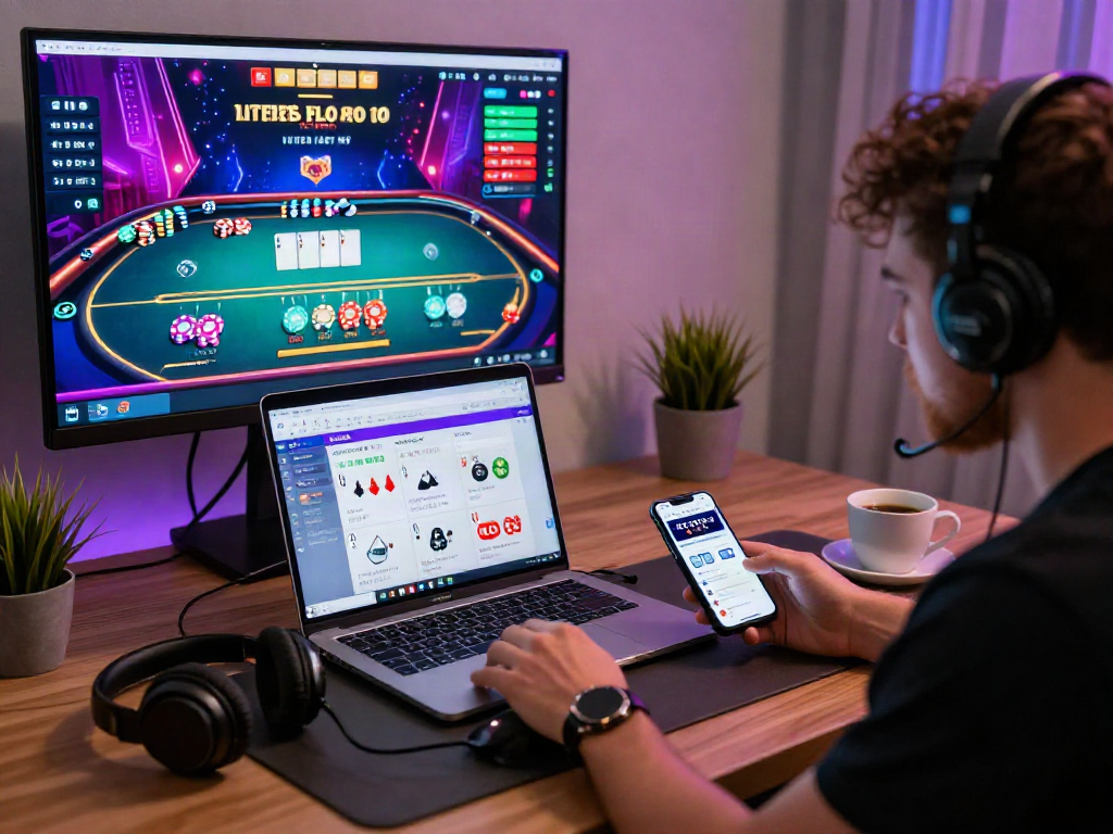 User engaging in online situs toto gambling at home with laptop and gaming accessories.