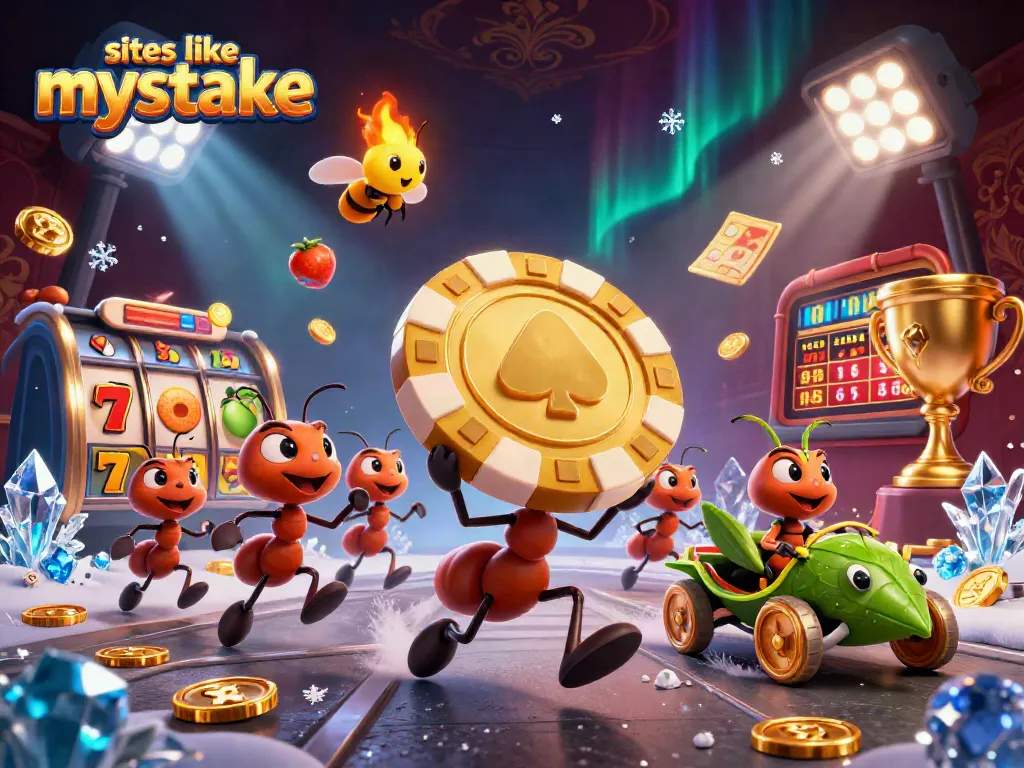 Experience sites like mystake with a cartoon heist theme featuring ants and golden gaming elements.