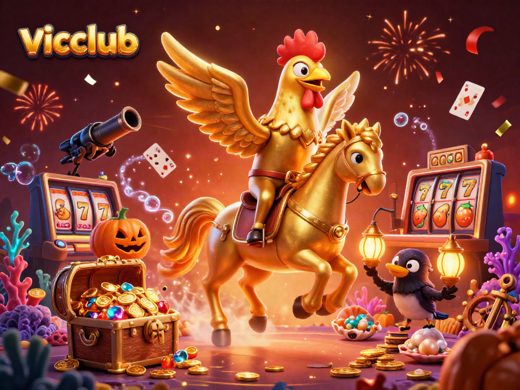 Engage with vicclub's vibrant casino scene featuring a golden rooster and dynamic game elements.
