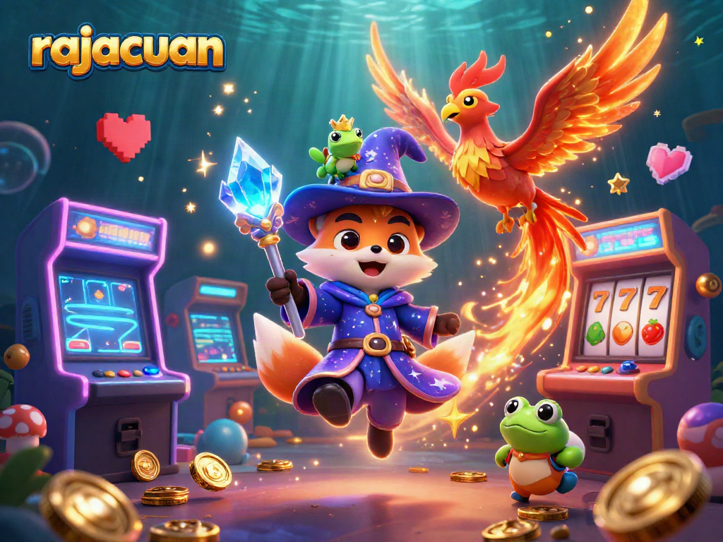 Rajacuan wizard fox and phoenix support players in a vibrant casino scene filled with action.