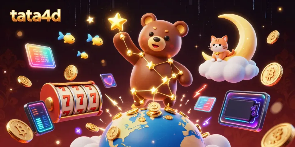Experience the thrilling world of tata4d with playful celestial characters scooping coins amidst vibrant slot reels.