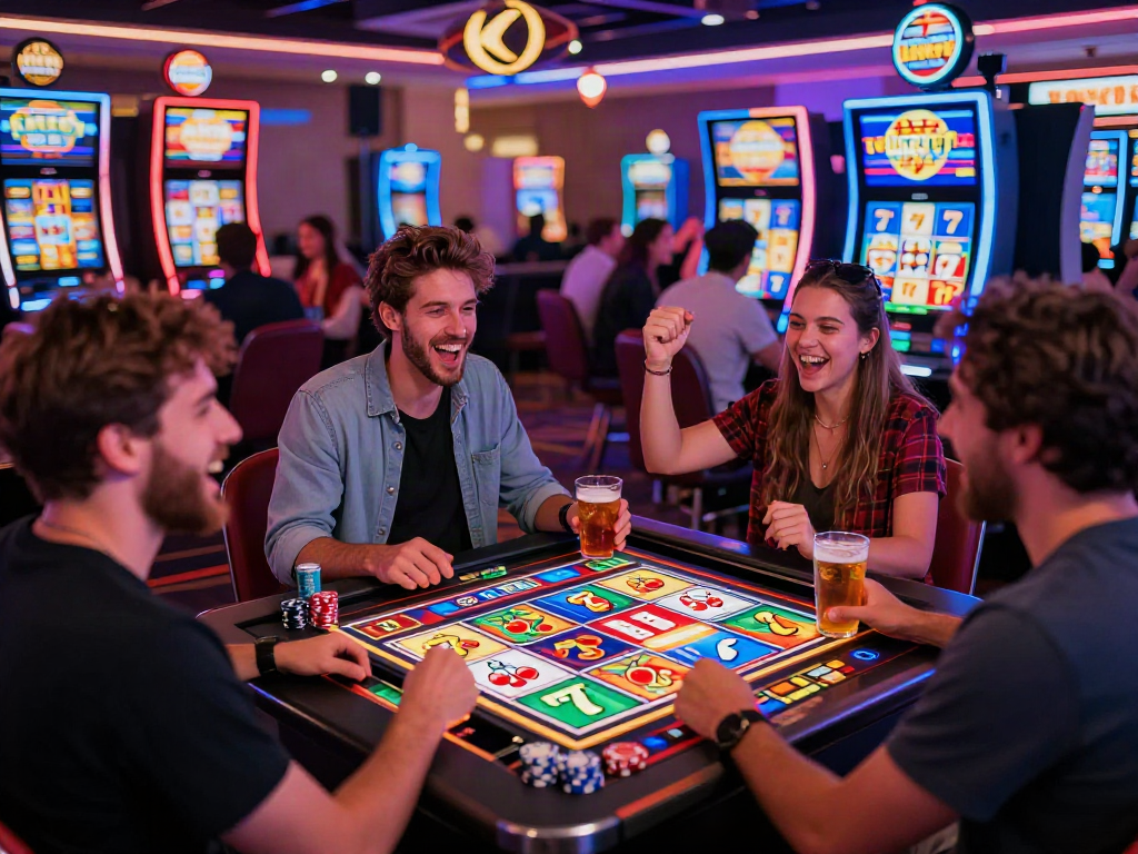 Exciting Lucky777 slot machine gaming scene with friends in a colorful casino atmosphere.