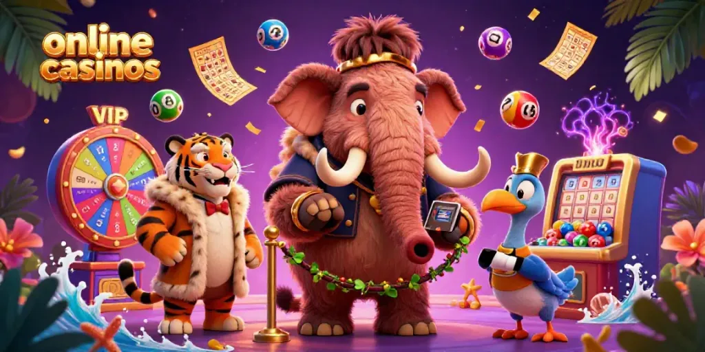Engage with exciting online casinos featuring a massive woolly mammoth bouncer checking IDs and a saber-tooth tiger in a fur coat.
