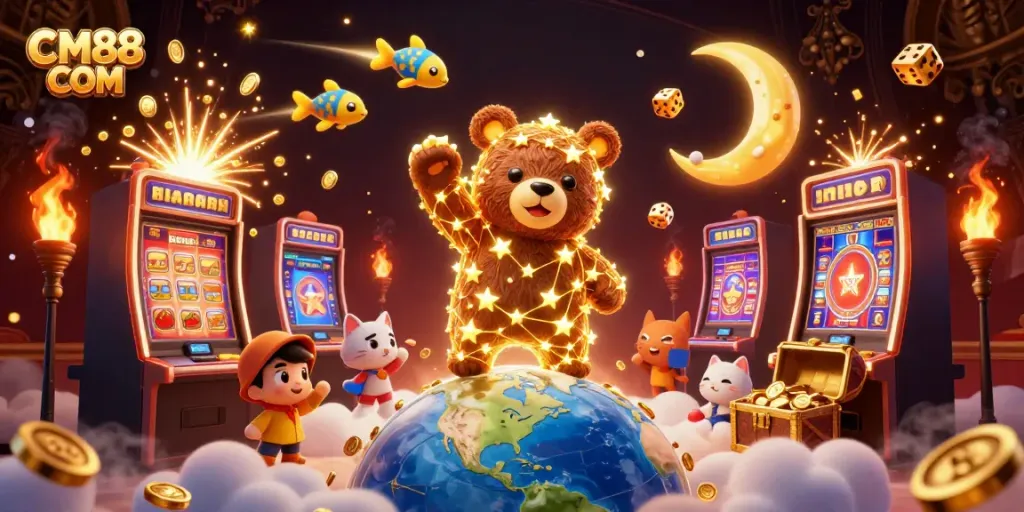 Experience the vibrant world of CM88 COM with a dazzling casino and lucky symbols explosion.