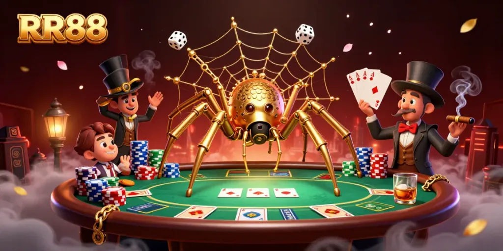 RR88 showcases a whimsical interaction between a steampunk spider and a Victorian fly gentleman amidst vibrant casino elements.