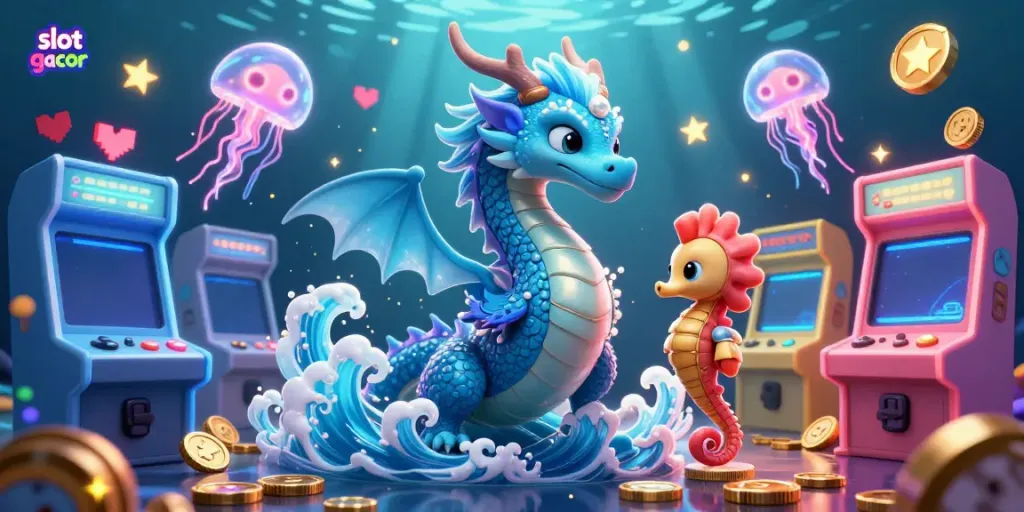 Slot gacor menampilkan naga air dan ksatria kuda laut di dunia kasino digital yang berkilau.