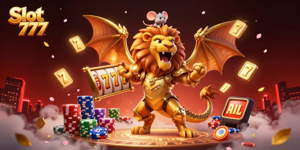 Permainan Slot 777 yang menakjubkan dengan elemen giat mesin slot di tengah suasana kasino yang kaya.