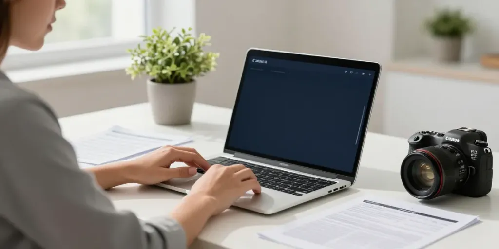 A young professional applying for a personal loan online at https://www.lajucredit.net/en/ in a bright home office.