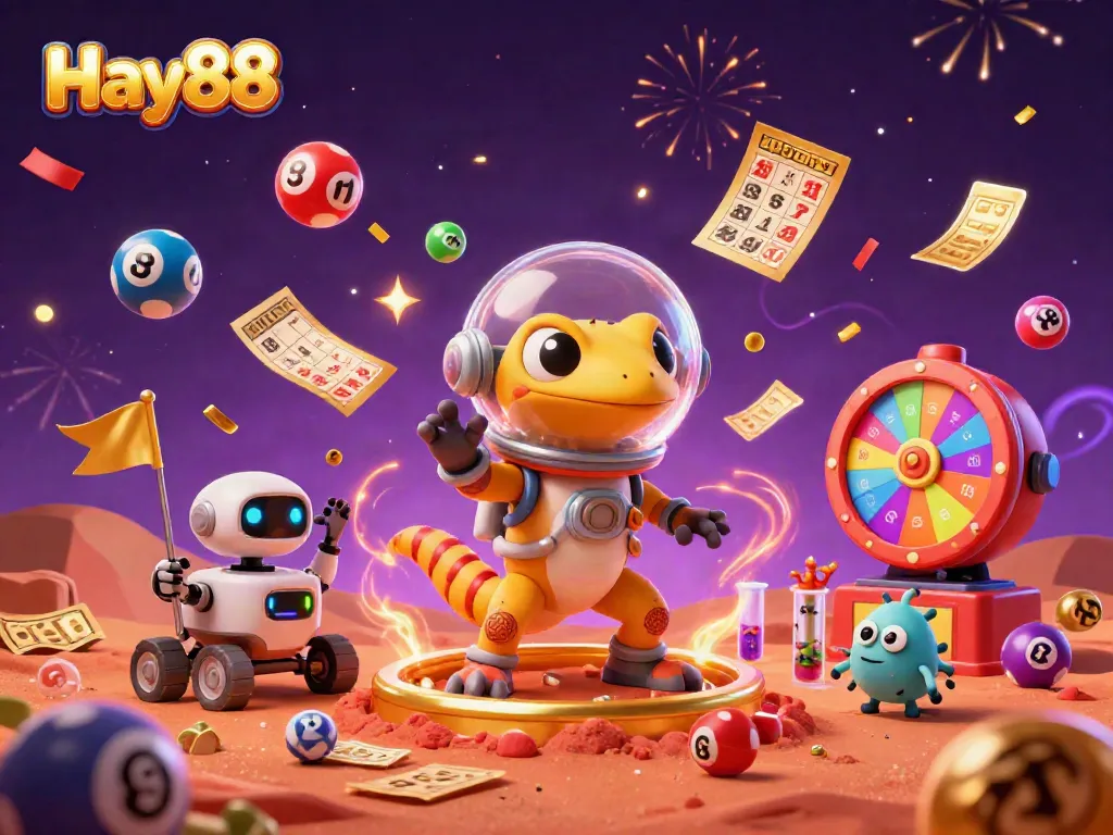 Experience the excitement of Hay88 with a vibrant 3D casino scene featuring a Martian gecko and dynamic gaming elements.