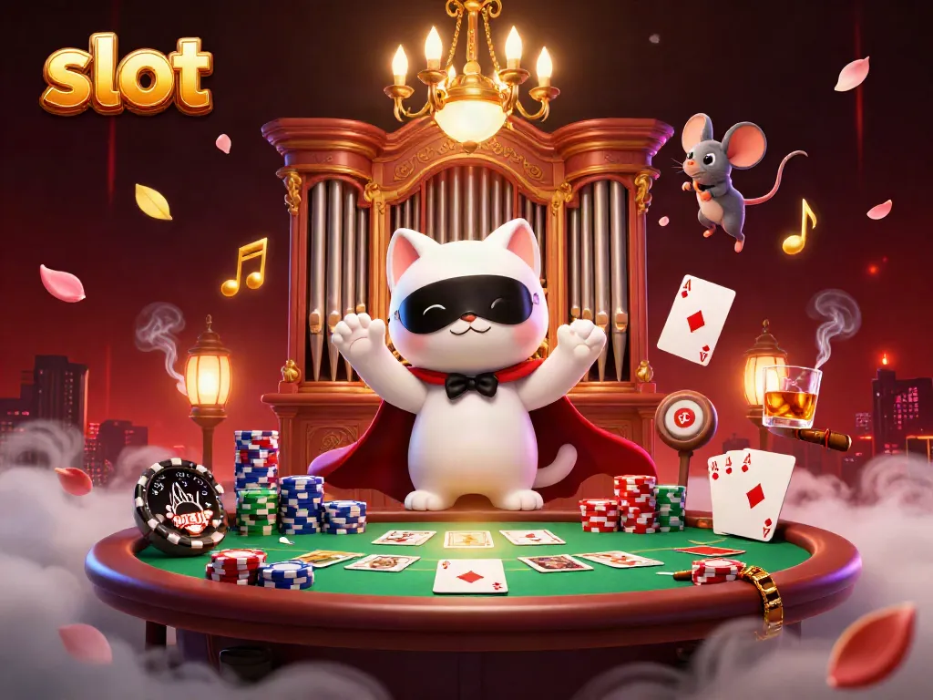 Experience thrilling slot action with a whimsical scene of a phantom cat and acrobatic mouse in a casino setting.