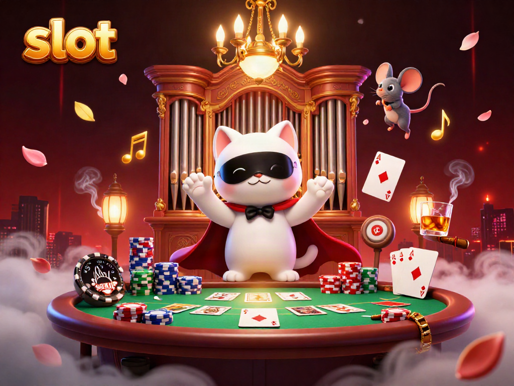 Experience thrilling slot action with a whimsical scene of a phantom cat and acrobatic mouse in a casino setting.