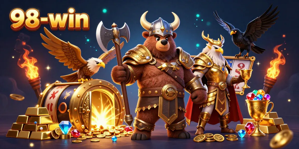 Experience the thrilling adventures of 98-win with characters amidst sparkling casino treasures and slot elements.