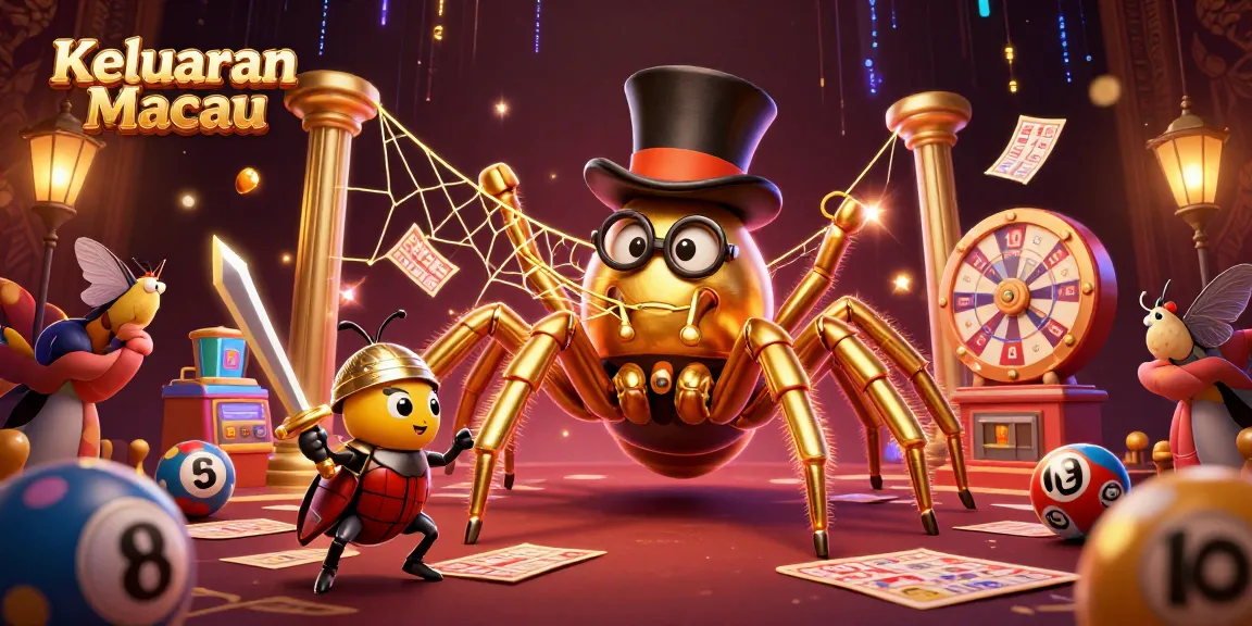 Keluaran Macau showcases a vibrant 3D digital scene featuring a golden tarantula weaving a web, engaging with lottery themes and characters.