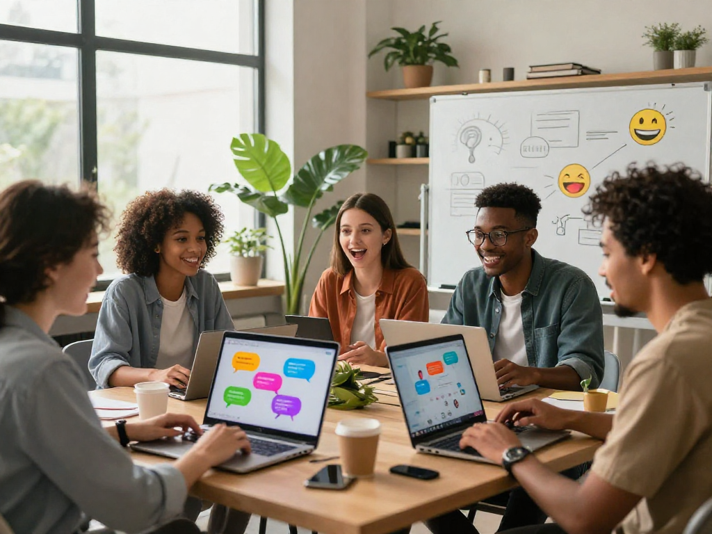 Participants engaged in a lively spicy chat session in a vibrant co-working space, showcasing colorful chat bubbles and dynamic interactions.