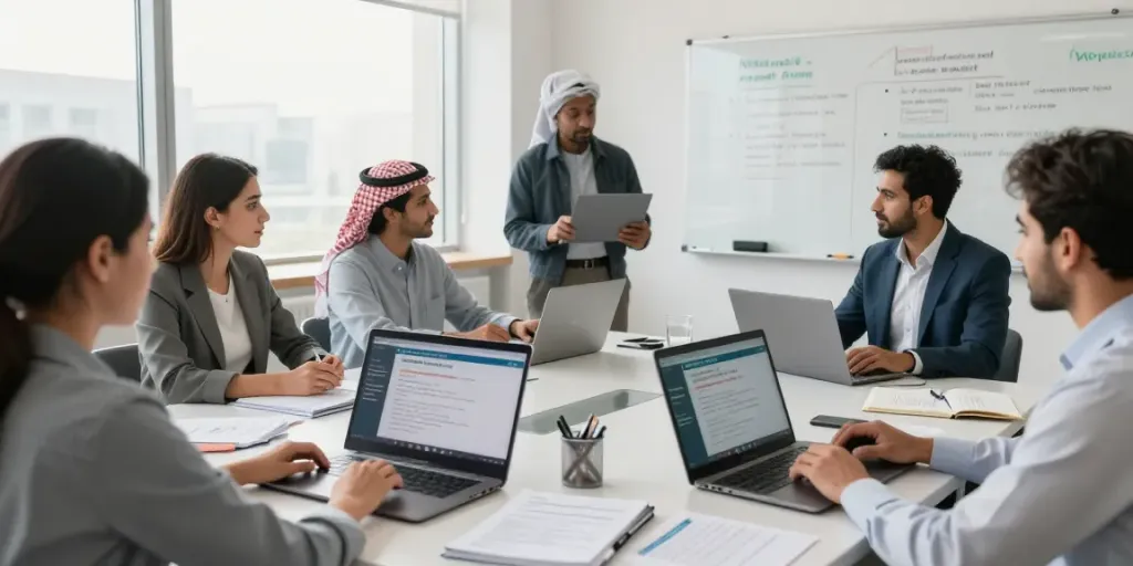 Engaged learners participating in NVQ Level 6 in Saudi Arabia online training session.