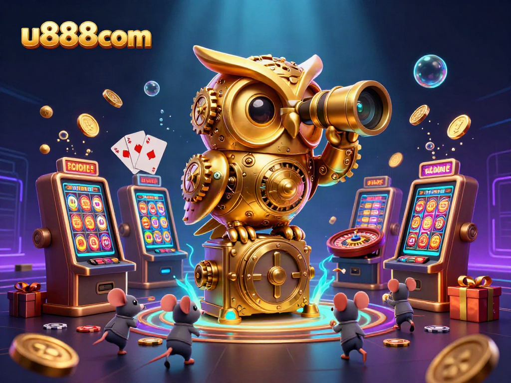 Experience thrilling gameplay with u888com's dynamic casino scene featuring an intricately designed 3D owl.