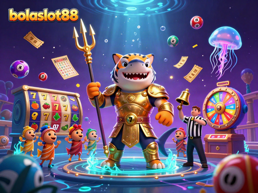 BOLASLOT88 features an underwater scene with a gladiator shark and vibrant casino elements for online gaming.