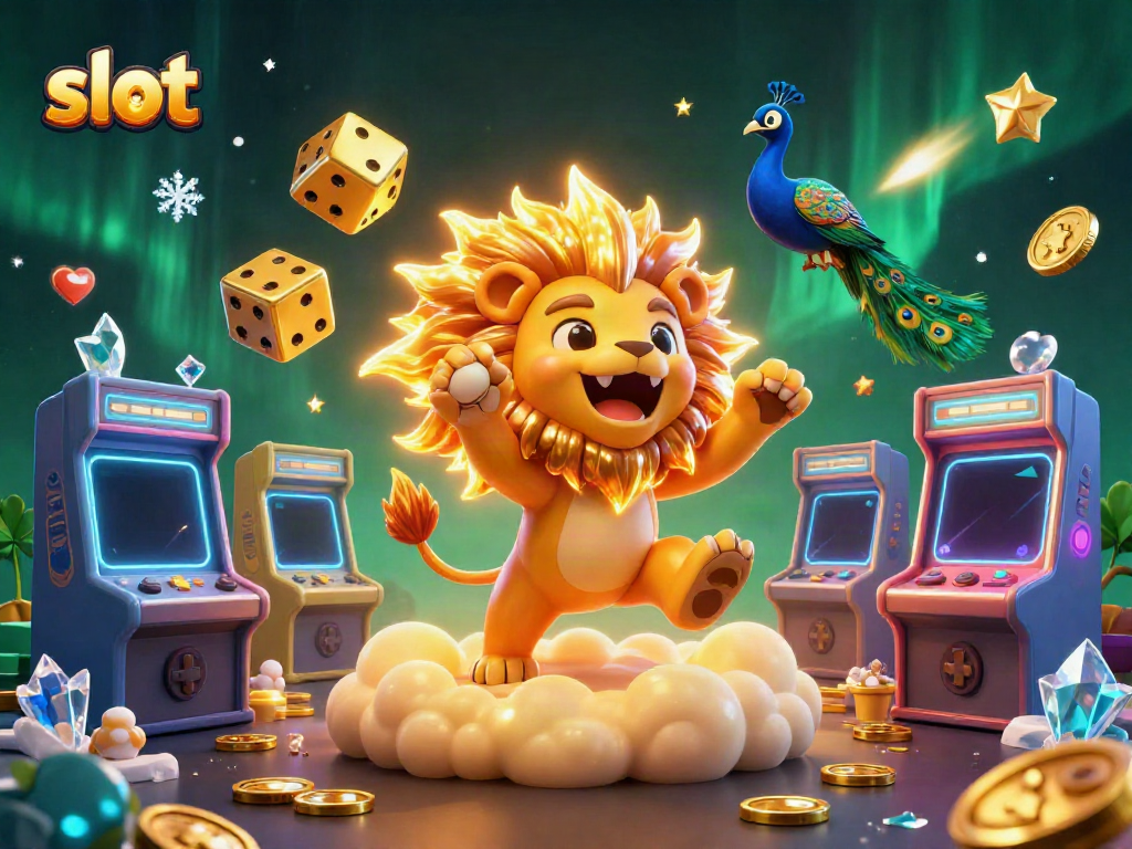 Engaging scene showcasing vibrant slot gaming elements with a cartoon lion and exciting casino features.