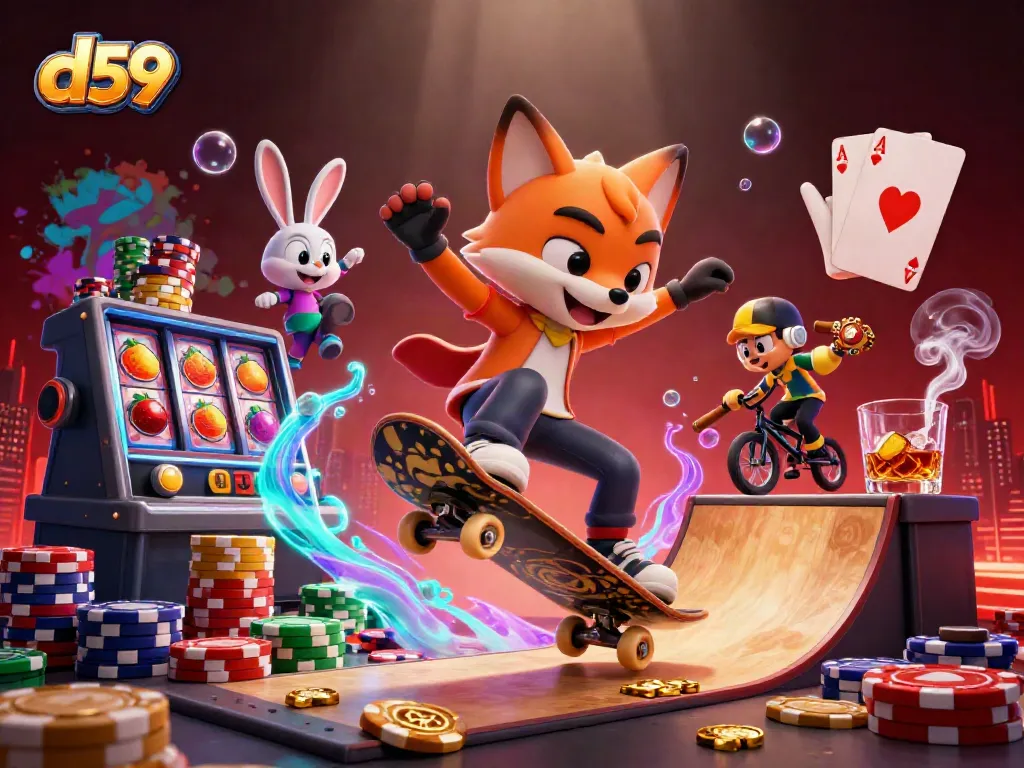 d59 players enjoy thrilling slot action in a vibrant gaming scene filled with dynamic characters and casino excitement.