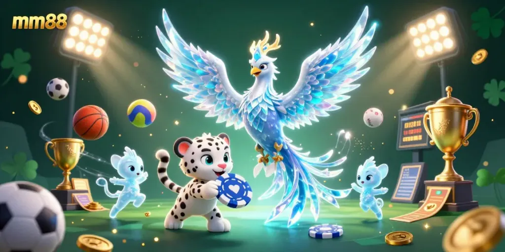 Bet on mm88 and enjoy a vibrant 3D scene filled with glowing characters and sports elements.