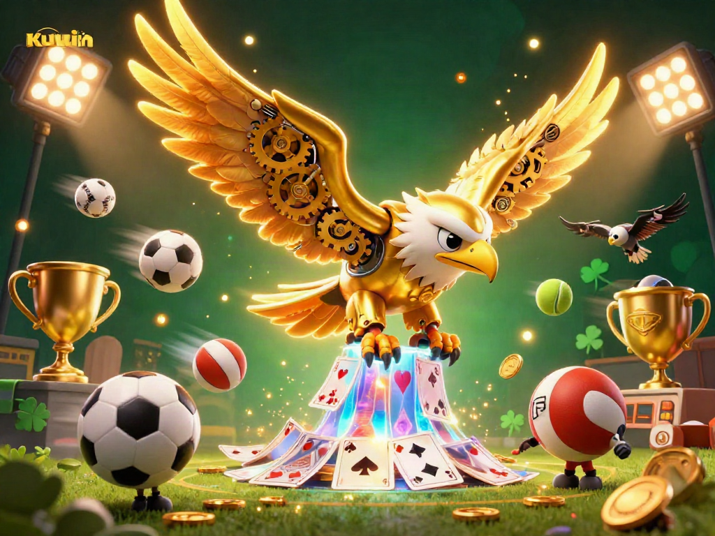 KUWIN showcases a dynamic 3D casino scene with a cybernetic golden eagle diving amidst animated playing cards and sports balls.