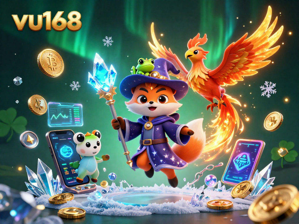 Experience winning strategies with vu168 in a vibrant online casino illustration featuring a wizard and phoenix.