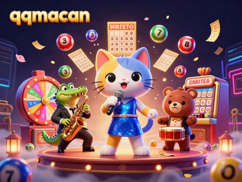 Engage with the vibrant qqmacan casino scene featuring a singing cat, a saxophonist crocodile, and a drumming bear.
