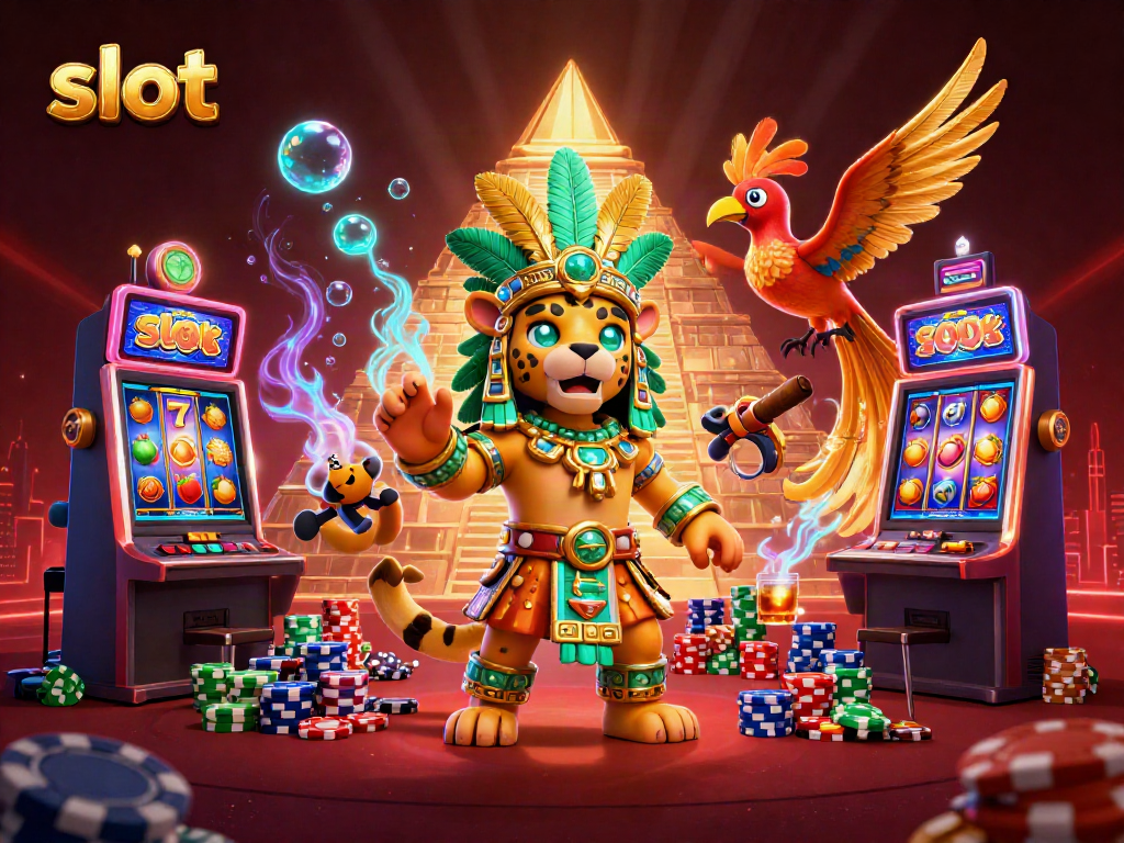 Experience thrilling slot gameplay moments with a Mayan jaguar priest and vibrant machines.