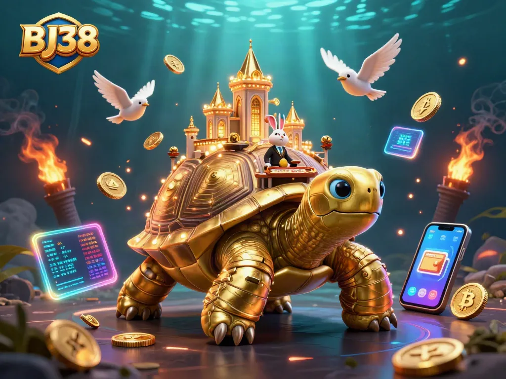 Spin the reels with BJ38 in a vibrant 3D casino scene featuring characters and crypto elements.