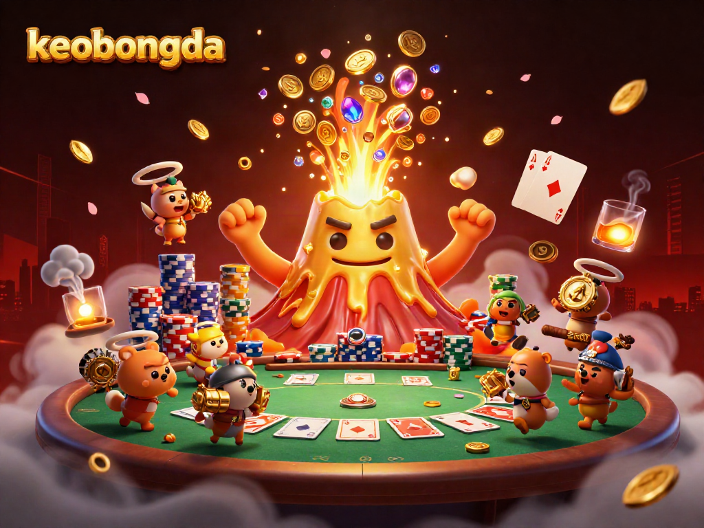 Experience keobongda's thrilling atmosphere with a vibrant eruption of golden treasures and animated explorers in this casino-themed illustration.