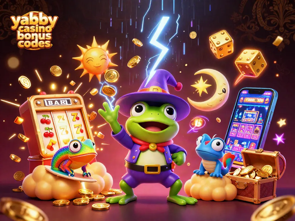 Unleash excitement with Yabby Casino Bonus Codes featuring a wizard frog and chameleon in a vibrant 3D scene.