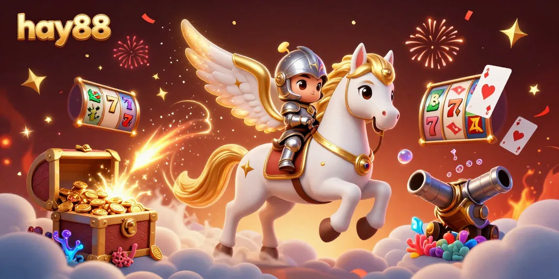 Experience thrilling adventures with hay88, as a knight rides a celestial horse amidst vibrant casino elements.