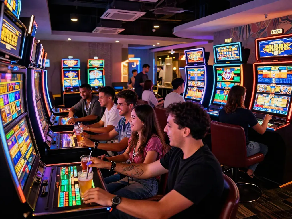 Friends enjoying thrilling slot game experience in a vibrant casino lounge.