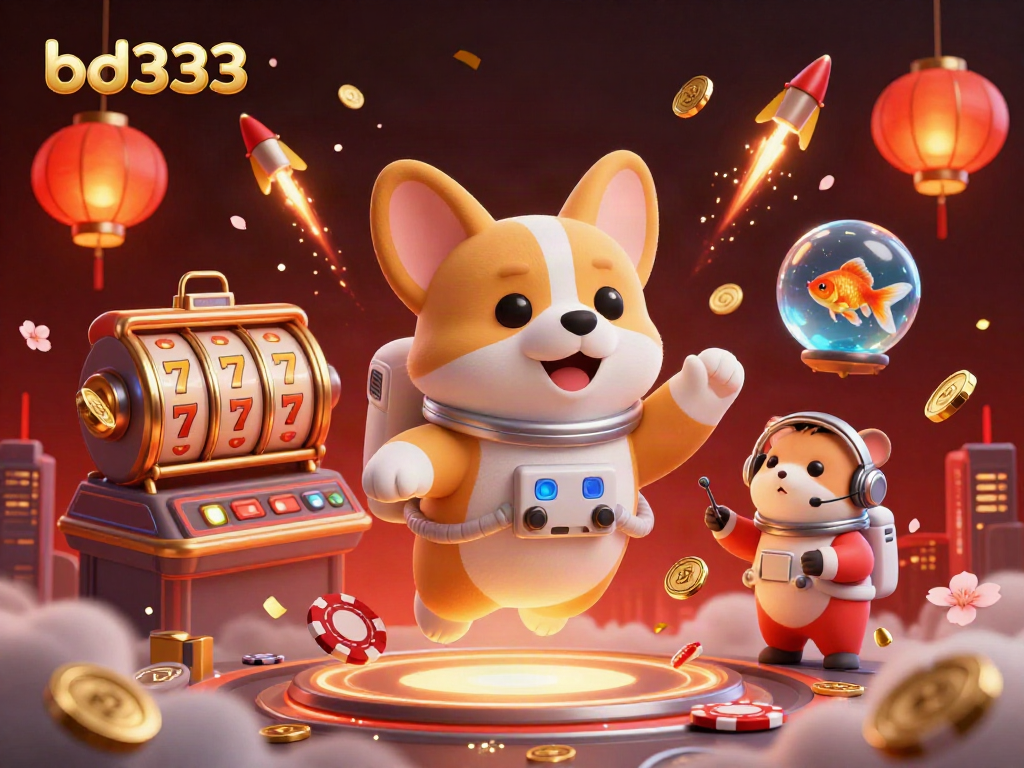 Engage with bd333 in a vibrant space casino with floating golden coins and an astronaut corgi.