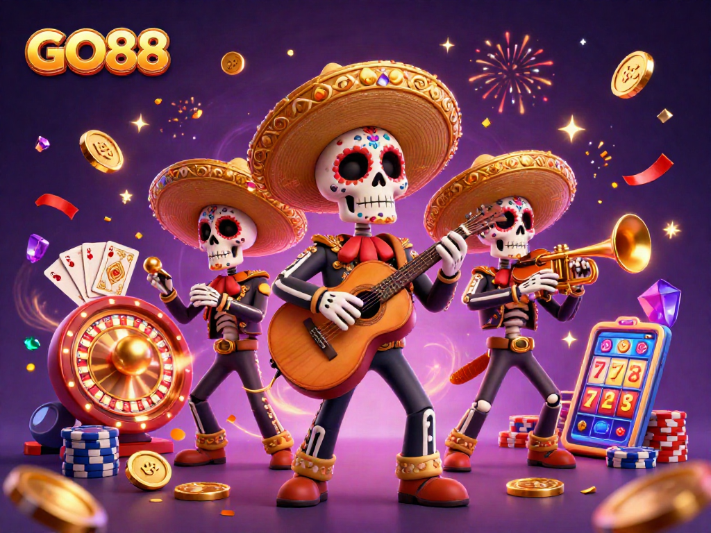 Experience the excitement of GO88 with a vibrant Day of the Dead casino scene featuring mariachi musicians and cascading coins.