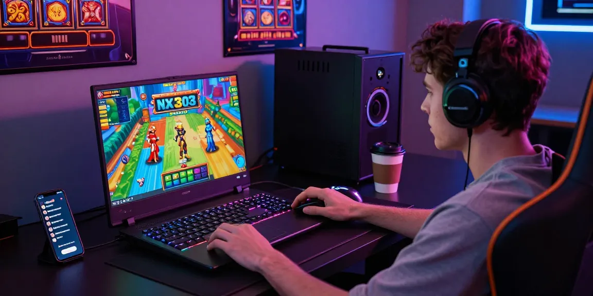 Engaged player enjoying NX303 slot games on a sleek gaming laptop in a vibrant gaming setup.