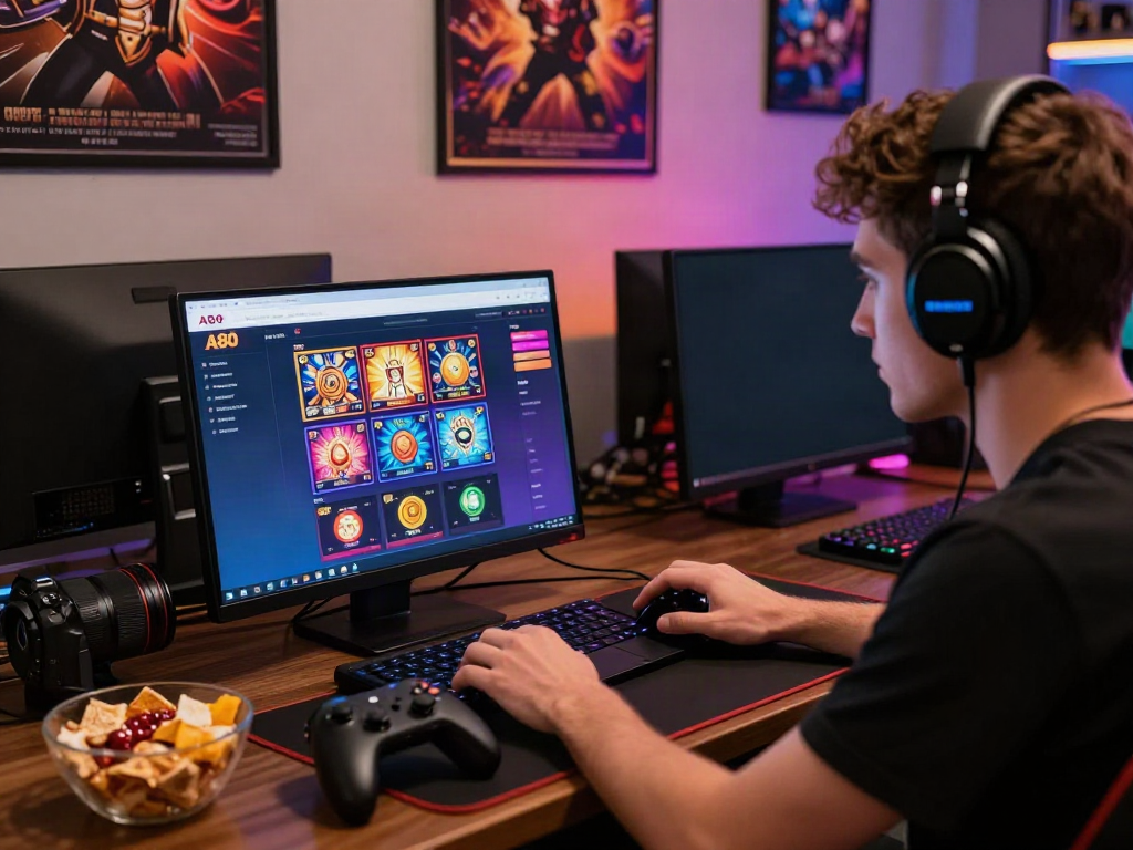 Person gaming on A80 website interface in vibrant room setting.