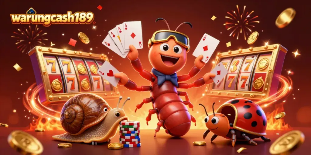 Experience thrilling wins at warungcash189 with a vibrant 3D casino scene depicting excitement, cards, and jackpots.