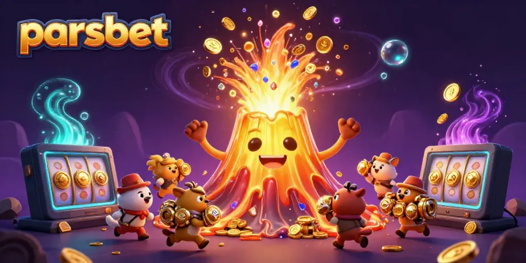 Parsbet ile canlı 3D casino sahnesi, altın volkan ve hazineyle dolu maceracı hayvanlar.
