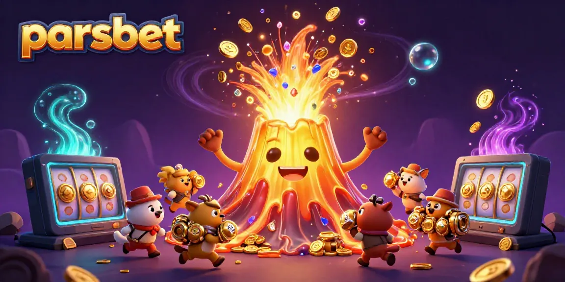 Parsbet ile canlı 3D casino sahnesi, altın volkan ve hazineyle dolu maceracı hayvanlar.