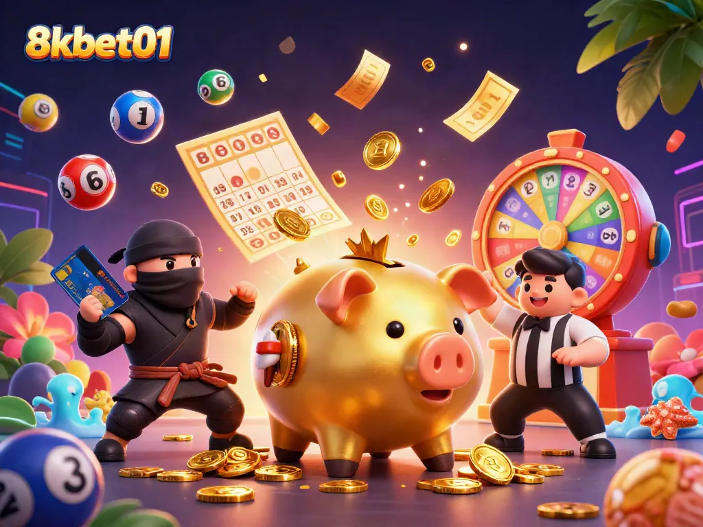 Engage in thrilling 8kbet01 gameplay with vibrant scenes of golden piggy bank sumo wrestler, wallet ninja, and credit card samurai