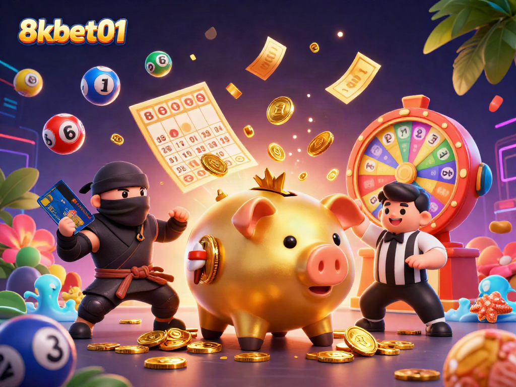 Engage in thrilling 8kbet01 gameplay with vibrant scenes of golden piggy bank sumo wrestler, wallet ninja, and credit card samurai