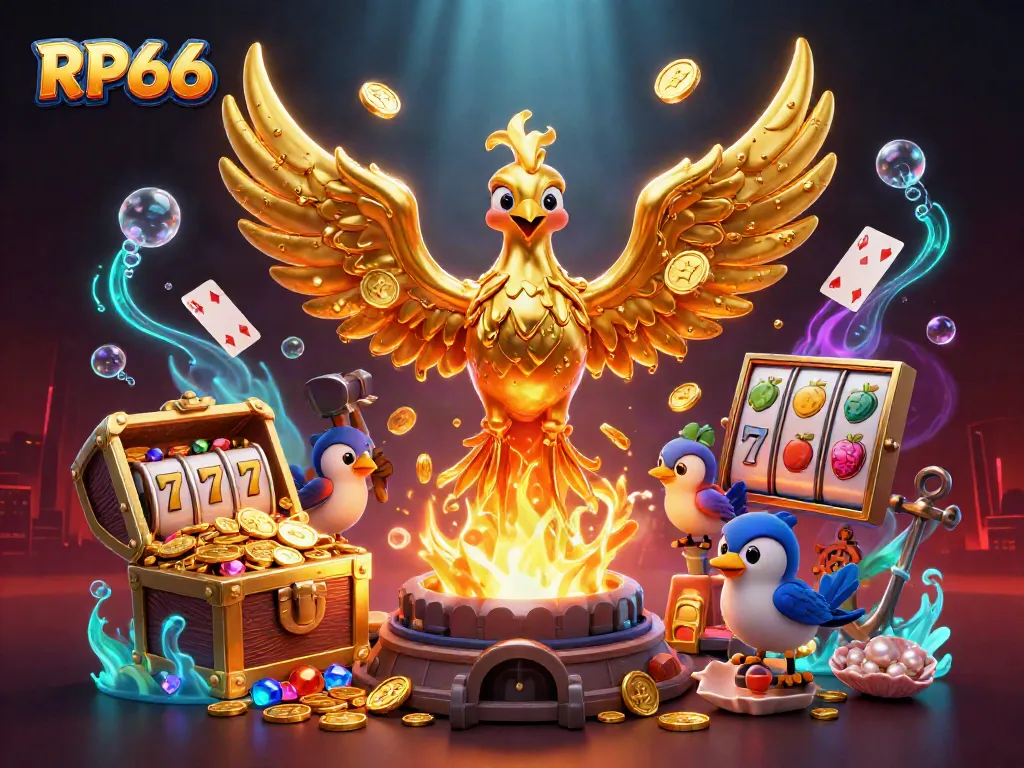 Explore the vibrant RP66 golden phoenix casino illustration with dynamic gaming elements.