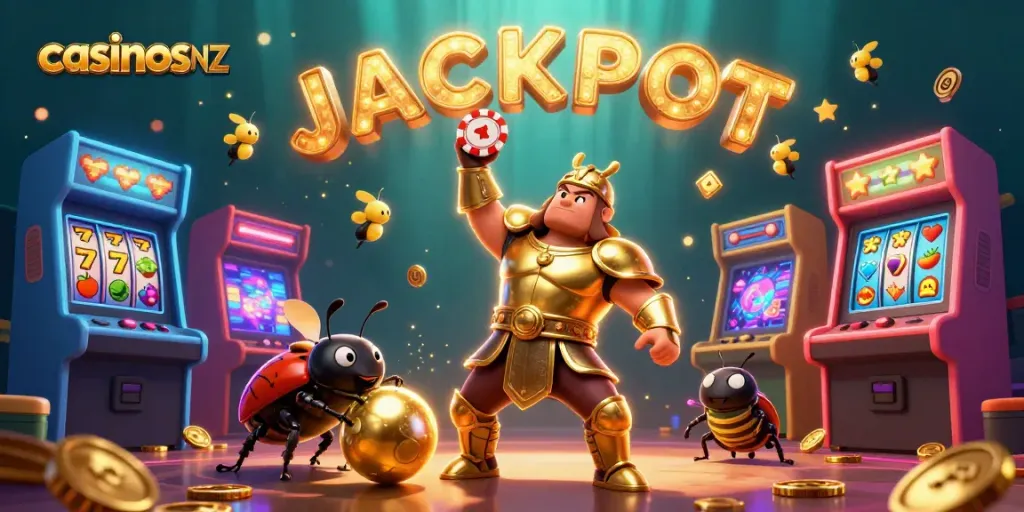 Conceptual design for casinosnz featuring animated beetles celebrating a jackpot in a vibrant casino scene.