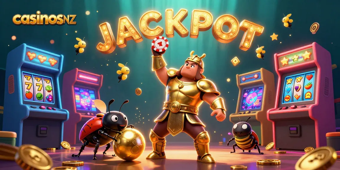 Conceptual design for casinosnz featuring animated beetles celebrating a jackpot in a vibrant casino scene.