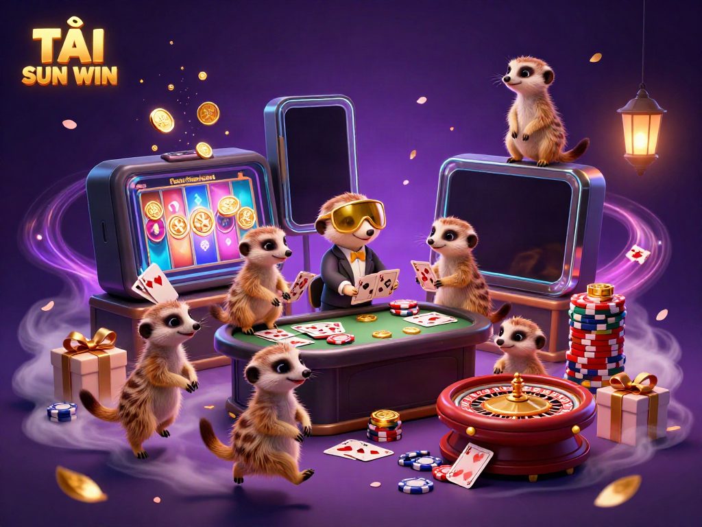 Experience high-energy gameplay with TẢI SUN WIN as meerkats dominate a vibrant casino scene, showcasing colorful slots and dynamic betting.