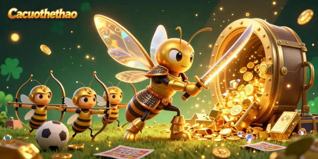 Engage in thrilling sports betting with Cacuocthethao's vibrant 3D illustration of a samurai hornet and golden treasures.